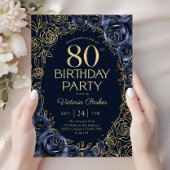 高級感のある80歳の誕生日 ネイビーブルーとゴールドのフラワー柄 招待状