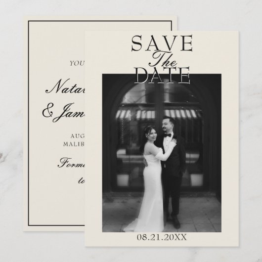 高級感のある 白 黒 クラシカル フォーマル 結婚式 写真 セーブザデート (正面/裏面)
