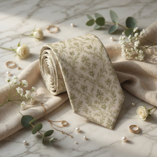高級感のある Sage Green Toile de Jouy フラワージャカード ネクタイ