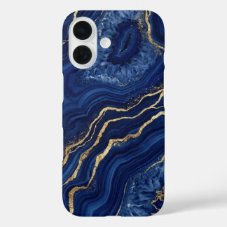 高級感漂うネイビーブルーとゴールドのジオードアゲートマーブルデザイン iPhone 16ケース
