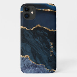 高級感漂うネイビーブルー＋ゴールドのマーブル・アゲート オーダーメイド iPhone 11 ケース