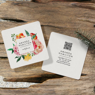 高級水モダン色牡丹フローラQRコード スクエア名刺