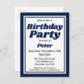 高級海軍ブルーアダルトバースデーパーティー インビテーションポストカード (正面/裏面)