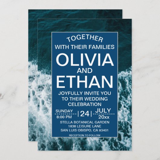 高級海軍ブルー沿岸ビーチ結婚式招待状 招待状 (正面/裏面)