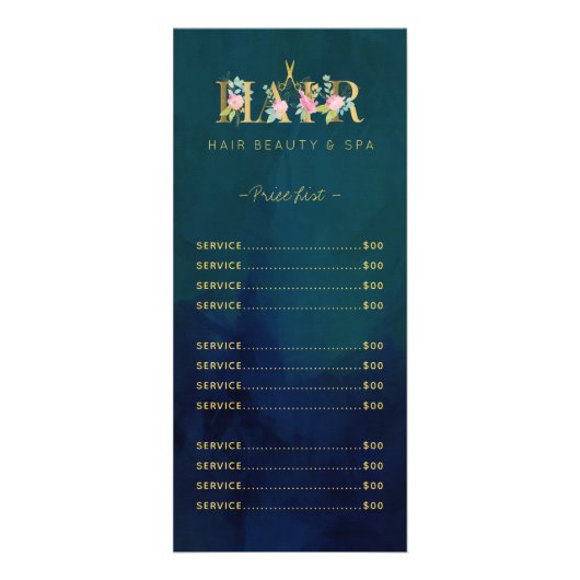 高級独占的ヘアサロンネイビー金ゴールドサービスメニュー ラックカード (裏面)