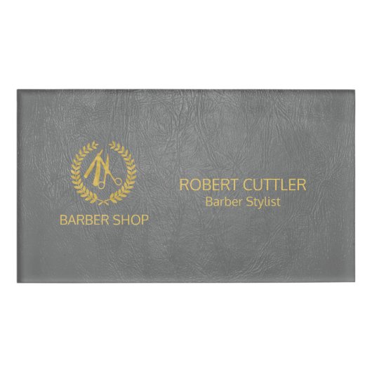 高級理容師ショップダークグレーレザールック金ゴールド 名札 (正面)