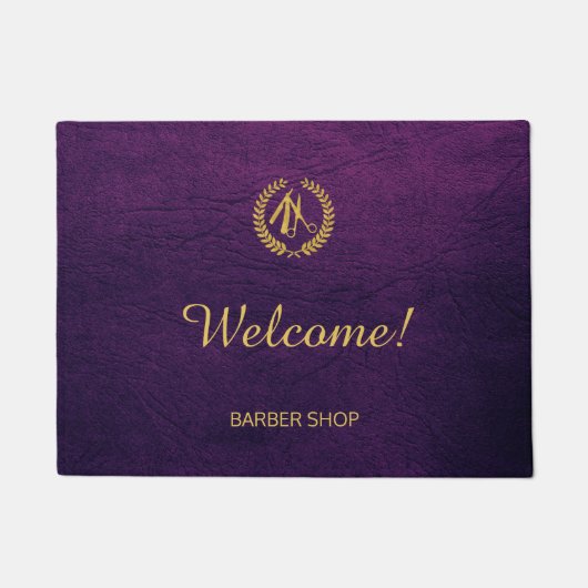 高級理容師ショップパープルレザールック金ゴールド ドアマット (正面)