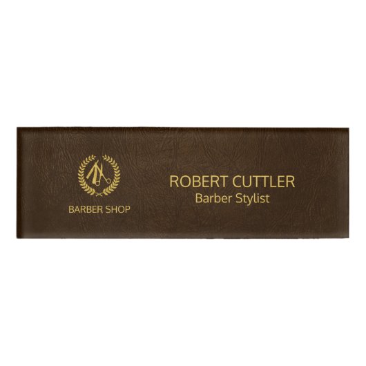高級理容師ショップ濃茶色レザールック金ゴールド 名札 (正面)