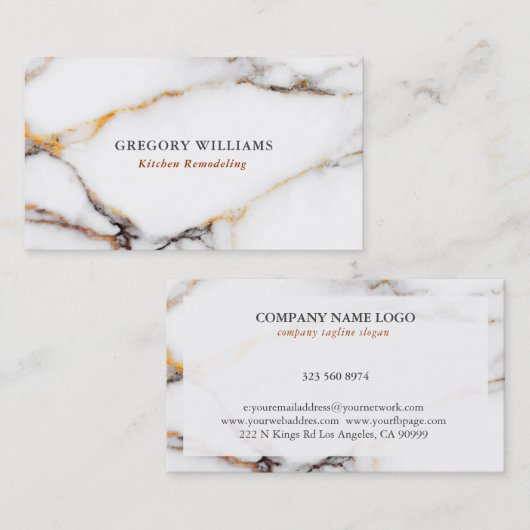 高級白い大理石のテクスチャ金ゴールドとグレーのアクセント 名刺 (正面/裏面)