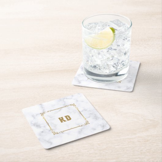 高級白と灰色の大理石ヴィンテージ金ゴールドフレーム スクエアペーパーコースター (インサイチュ)