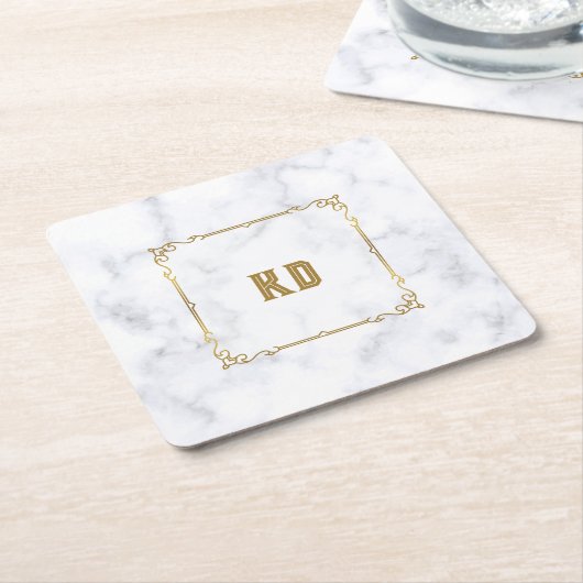 高級白と灰色の大理石ヴィンテージ金ゴールドフレーム スクエアペーパーコースター (アングル)