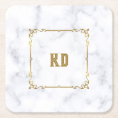 高級白と灰色の大理石ヴィンテージ金ゴールドフレーム スクエアペーパーコースター (正面)