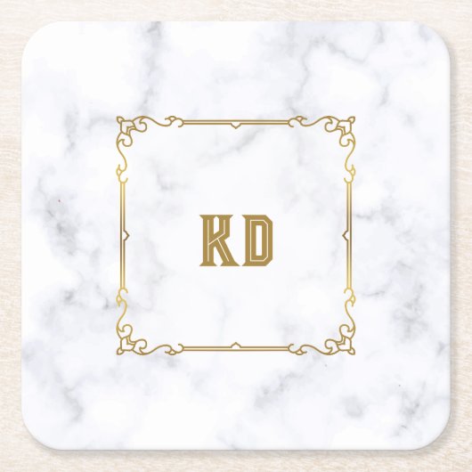 高級白と灰色の大理石ヴィンテージ金ゴールドフレーム スクエアペーパーコースター (正面)
