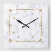 高級白と灰色の大理石ヴィンテージ金ゴールドフレーム スクエア壁時計 (正面)