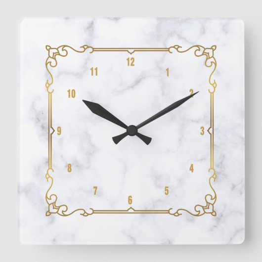 高級白と灰色の大理石ヴィンテージ金ゴールドフレーム スクエア壁時計 (正面)