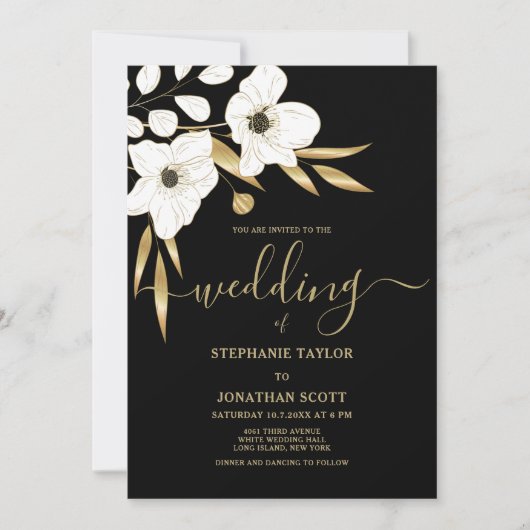 高級白黒金ゴールドフローラエレガントな結婚式 招待状 (正面)