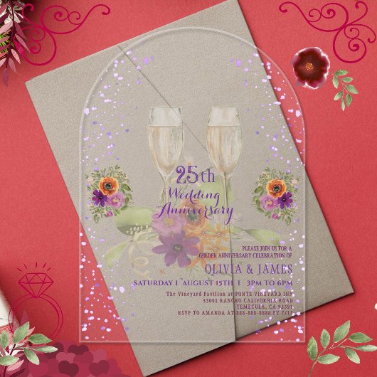 高級紫色花柄アクリル製結婚25周年記念 アクリル招待状