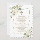 高級繊細な白い花最初の聖なる聖餐式 招待状 (正面)
