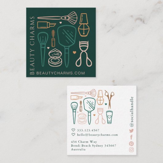 高級美しいチャームメイクアップツールエメラルドグリーン スクエア名刺 (正面/裏面)