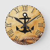 高級船舶いかりボートロープ金ゴールド色 ラウンド壁時計 (正面)