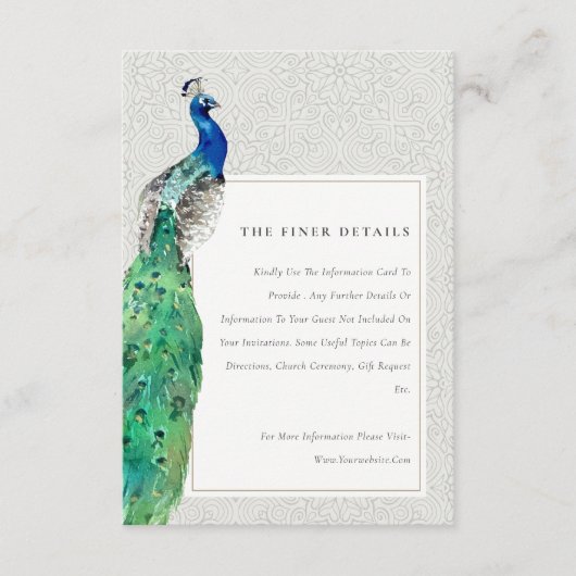 高級華美水彩孔雀の結婚詳細 エンクロージャーカード (正面)