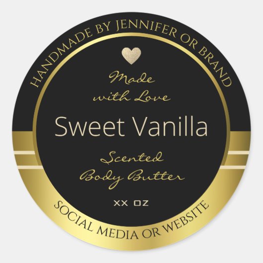 高級製品パッケージラベル黒と金ゴールド ラウンドシール (正面)