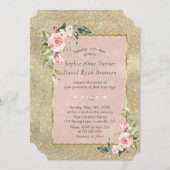 高級赤面ピンクフラワーズ金ゴールド結婚グリッター 招待状 (正面/裏面)