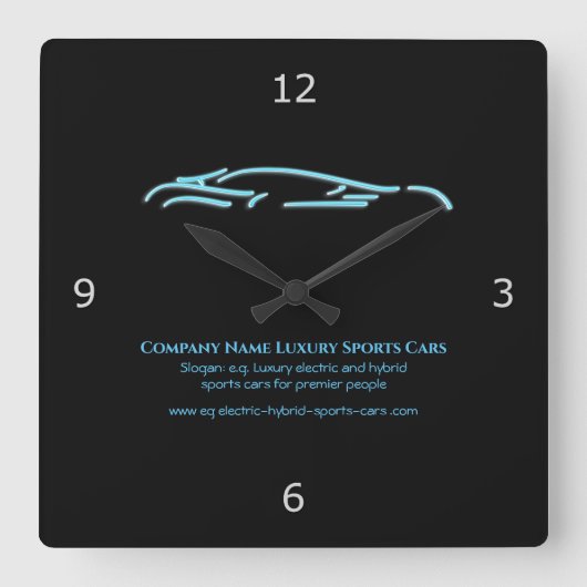高級車のロゴ – アイスブルースポーツカーの黒 スクエア壁時計 (正面)