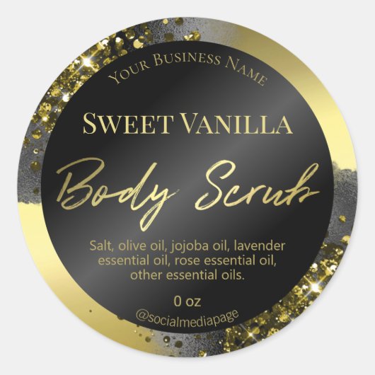 高級金ゴールドおよびブラックグリッター体スクラブラベル ラウンドシール (正面)