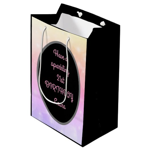 高級金ゴールドとピンクパーソナライズされた21歳の誕生日 ミディアムペーパーバッグ (正面アングル)