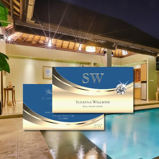 高級金ゴールドとブルーとモノグラムスパークルダイヤモンド 名刺