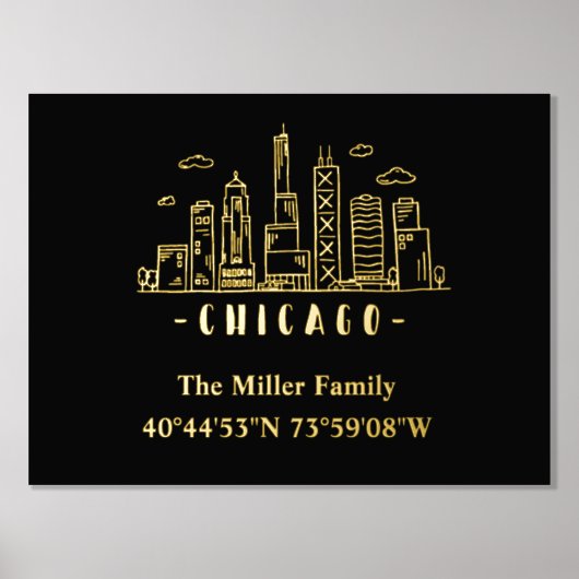 高級金ゴールドアメリカのスカイライン経緯度緯度シカゴ 箔ポスター (正面)