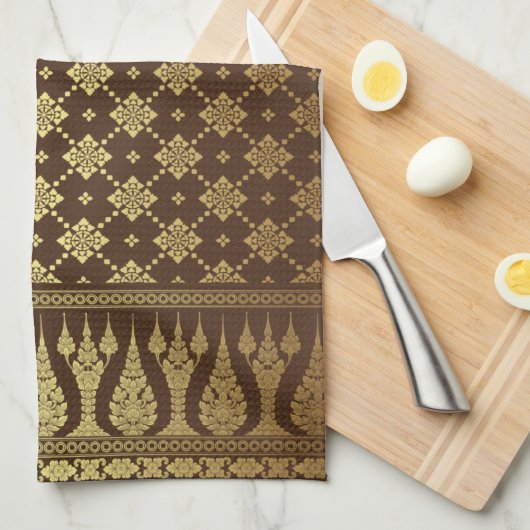 高級金ゴールドエレガントとブラウンエジプトダマスク キッチンタオル (四つ折り)