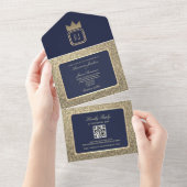 高級金ゴールドグリッターとネイビーブルーQRコード結婚ズ オールインワン招待状 (貼ってはがせる)