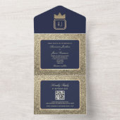 高級金ゴールドグリッターとネイビーブルーQRコード結婚ズ オールインワン招待状 (内側)