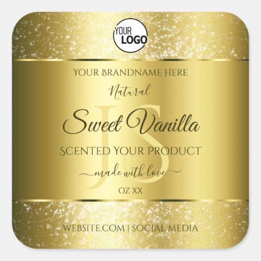 高級金ゴールドグリッターイニシャル製品ラベルロゴ スクエアシール (正面)