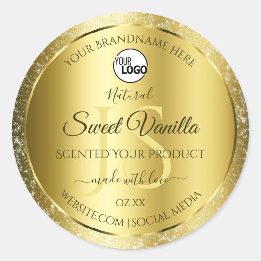 高級金ゴールドグリッターイニシャル製品ラベルロゴ ラウンドシール (正面)