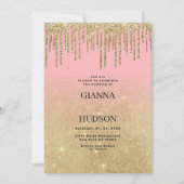 高級金ゴールドグリッターグラデーションピンク結婚ドリップ 招待状 (正面)
