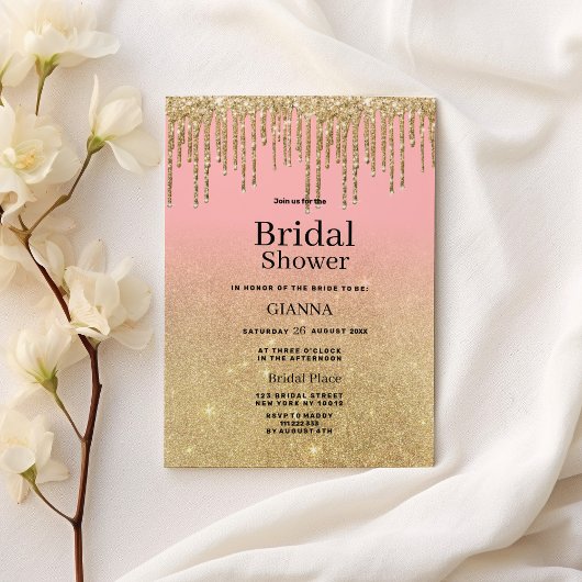 高級金ゴールドグリッターピンクグラデーションドリップブライダルシャワー 招待状