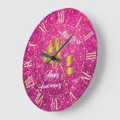 高級金ゴールドグリッターピンクフローラギフト ラージ壁時計 (傾斜)