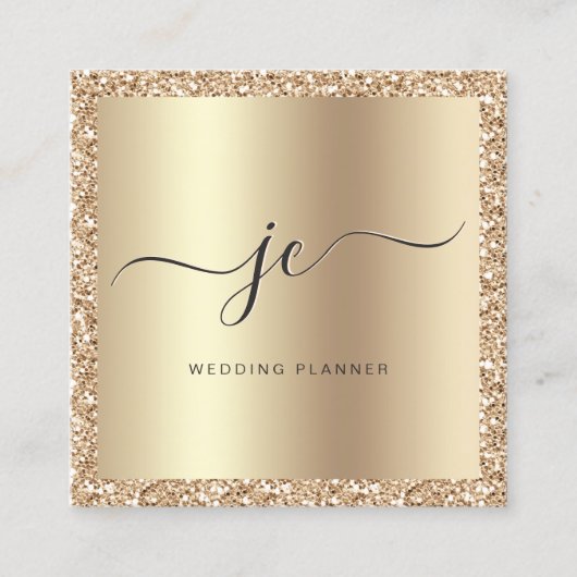 高級金ゴールドグリッターフォイルスクリプトモノグラムモダン スクエア名刺 (正面)
