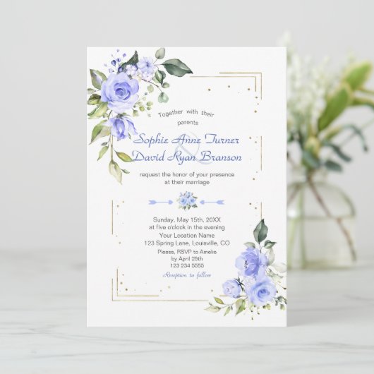 高級金ゴールドグリッターフレームブルーフラワー結婚ズ 招待状 (スタンド正面)