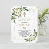 高級金ゴールドグリッターフレームホワイトフローラバプテスマ 招待状 (スタンド正面)