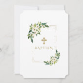 高級金ゴールドグリッターフレームホワイトフローラバプテスマ 招待状 (裏面)