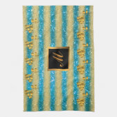 高級金ゴールドグリッターブルーフローラギフト キッチンタオル (縦)