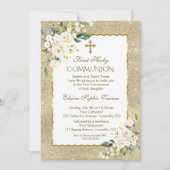 高級金ゴールドグリッターホワイトフラワーファースト聖餐式 招待状 (正面)