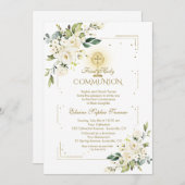 高級金ゴールドグリッターホワイトフローラ聖餐式 招待状 (正面/裏面)