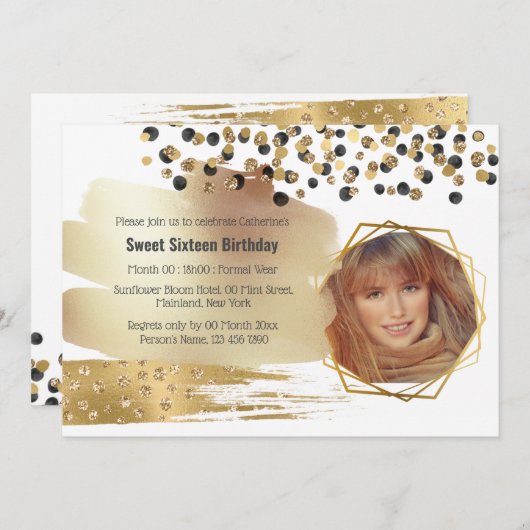 高級金ゴールドグリッター紙吹雪誕生日パーティー 招待状 (正面/裏面)