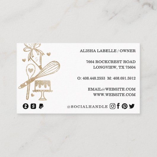 高級金ゴールドスパークルベーキング料理用具ベーカリー 名刺 (裏面)