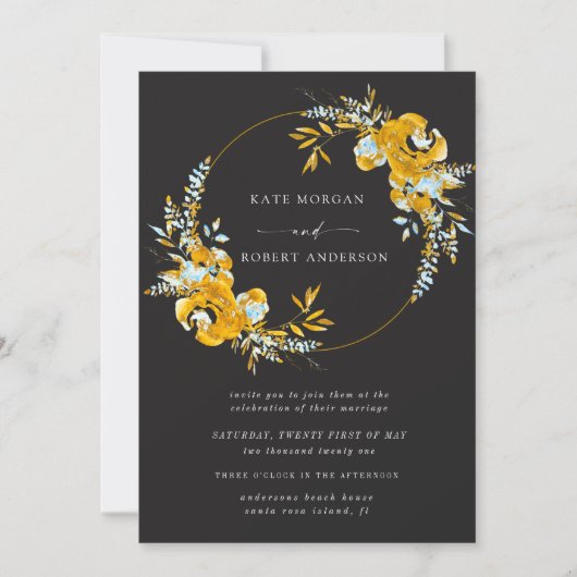 高級金ゴールドターコイズフローラ結婚式招待状 (正面)